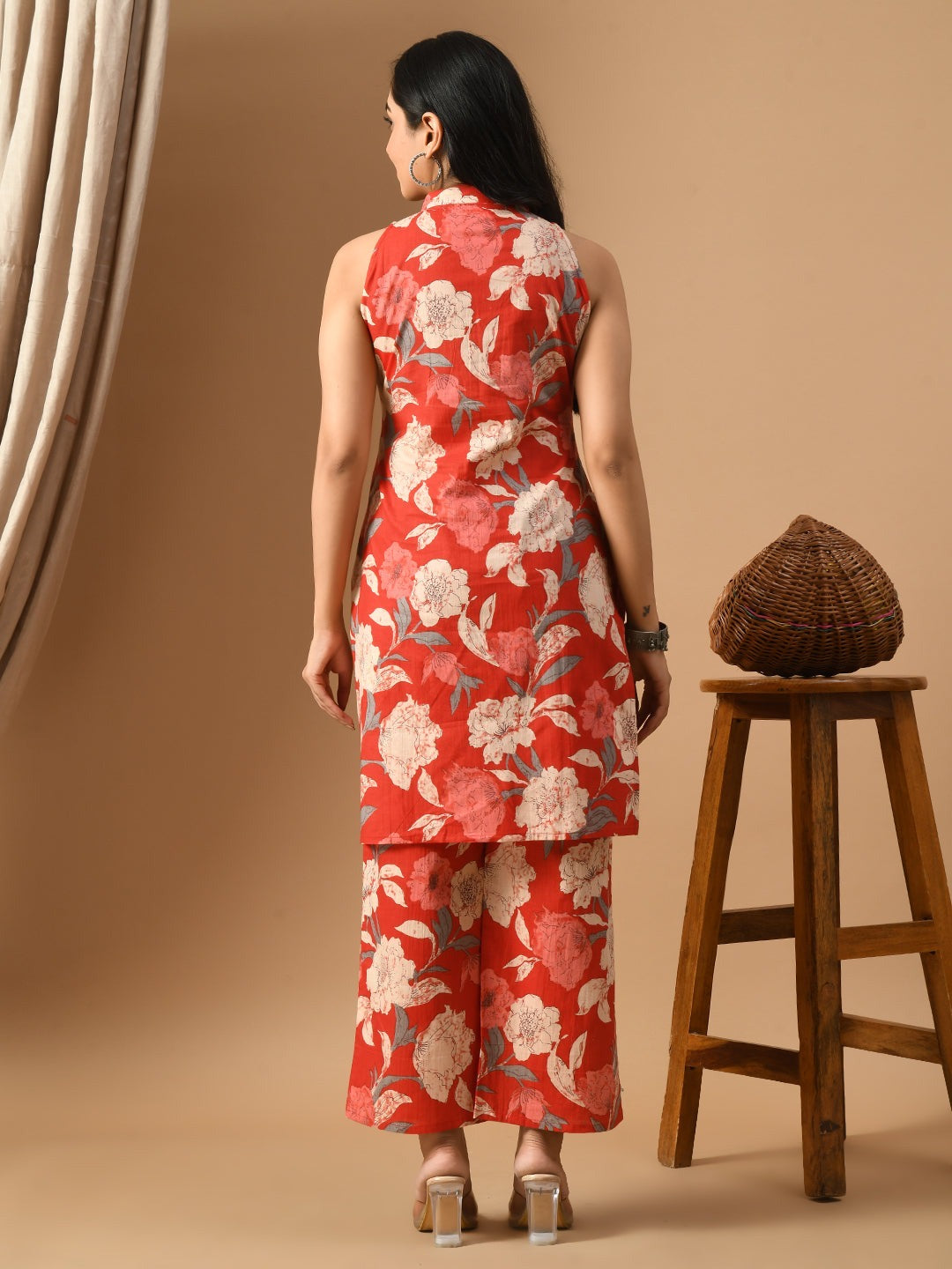 Vibrant Red Floral Co-ord Set with Mandarin Collar