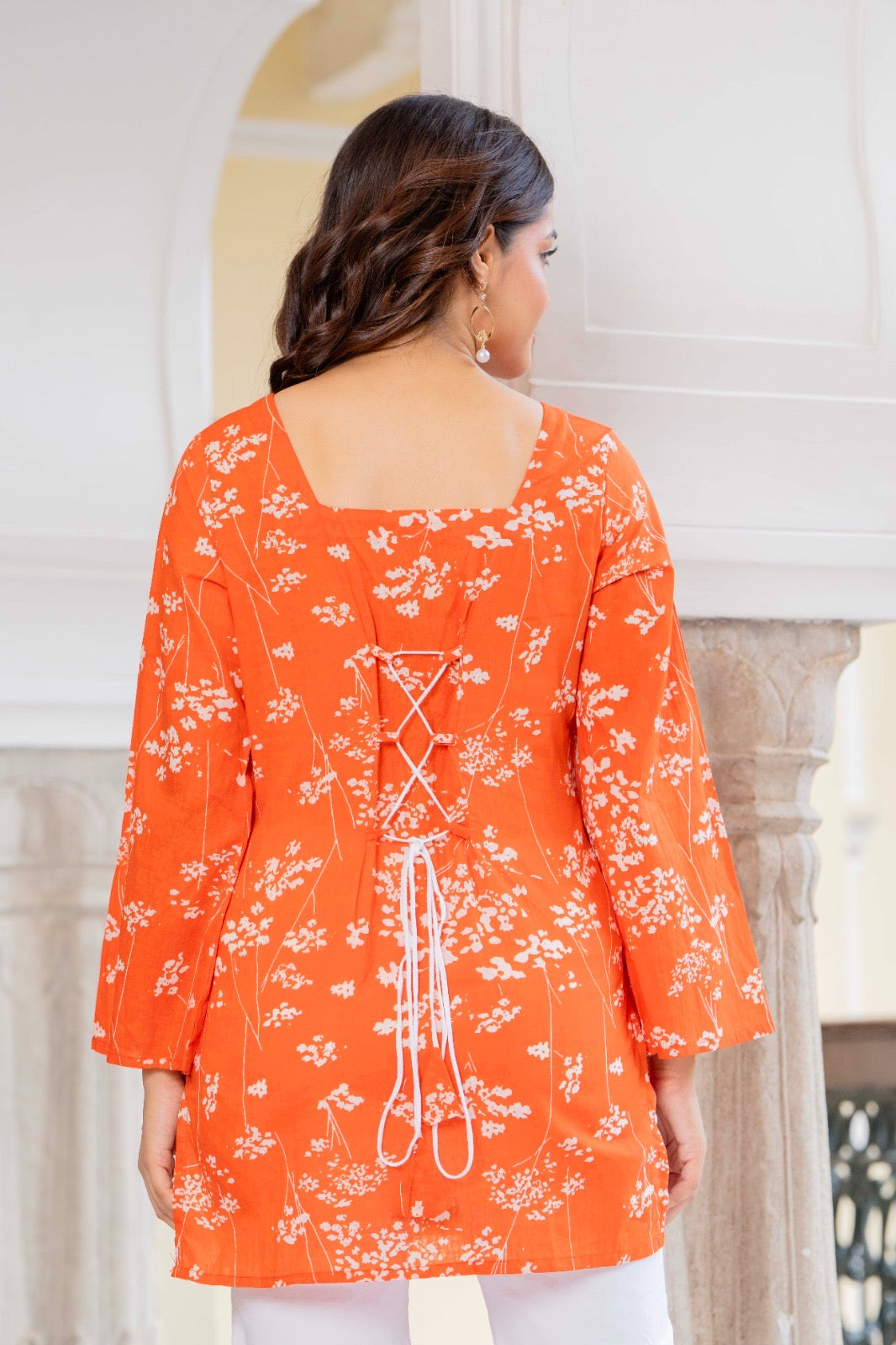 Zesty Orange Floral Sprig Cotton Square Neck Kurti