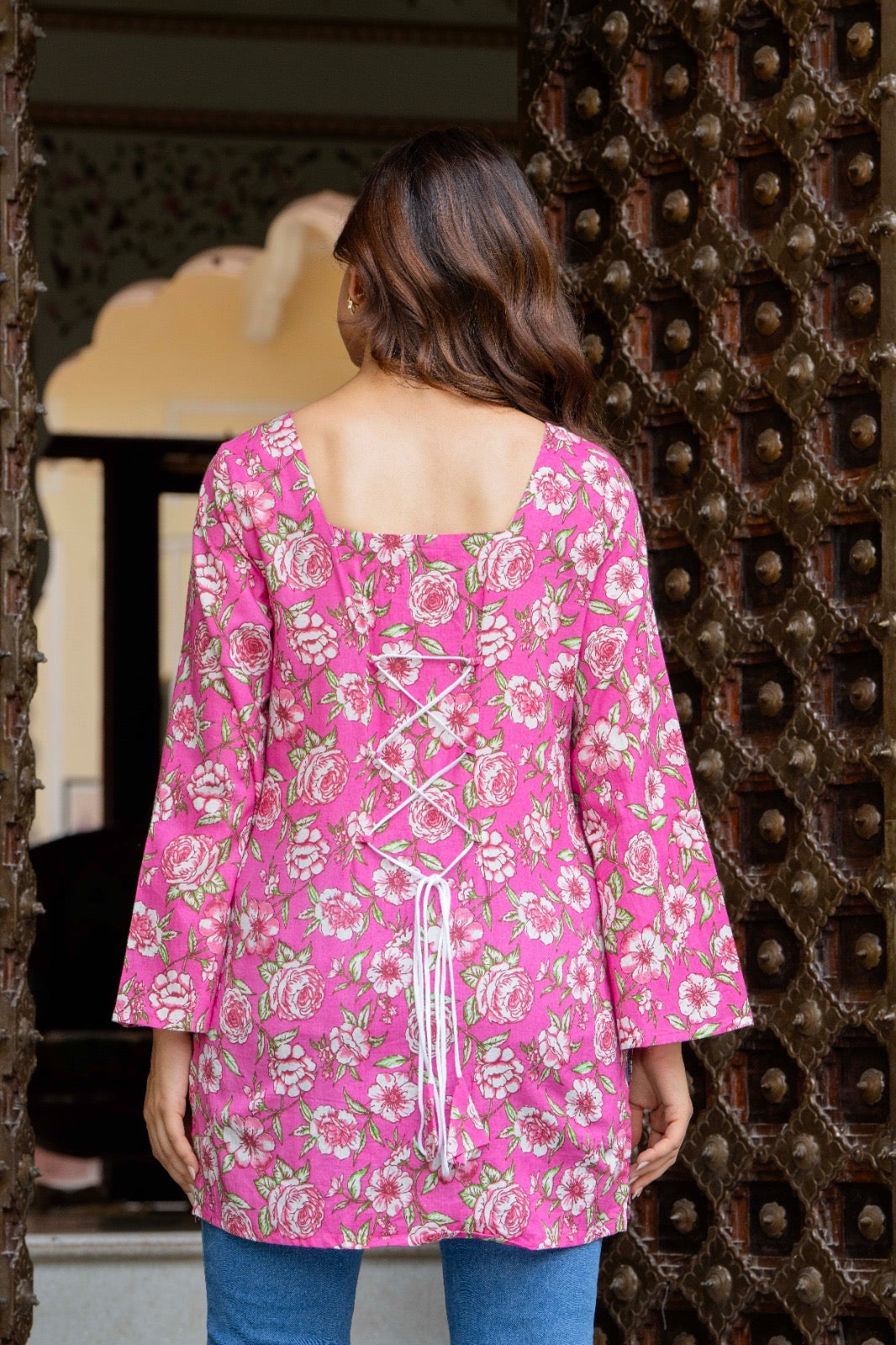Bright Pink Floral Printed Cotton Square Neck Kurti