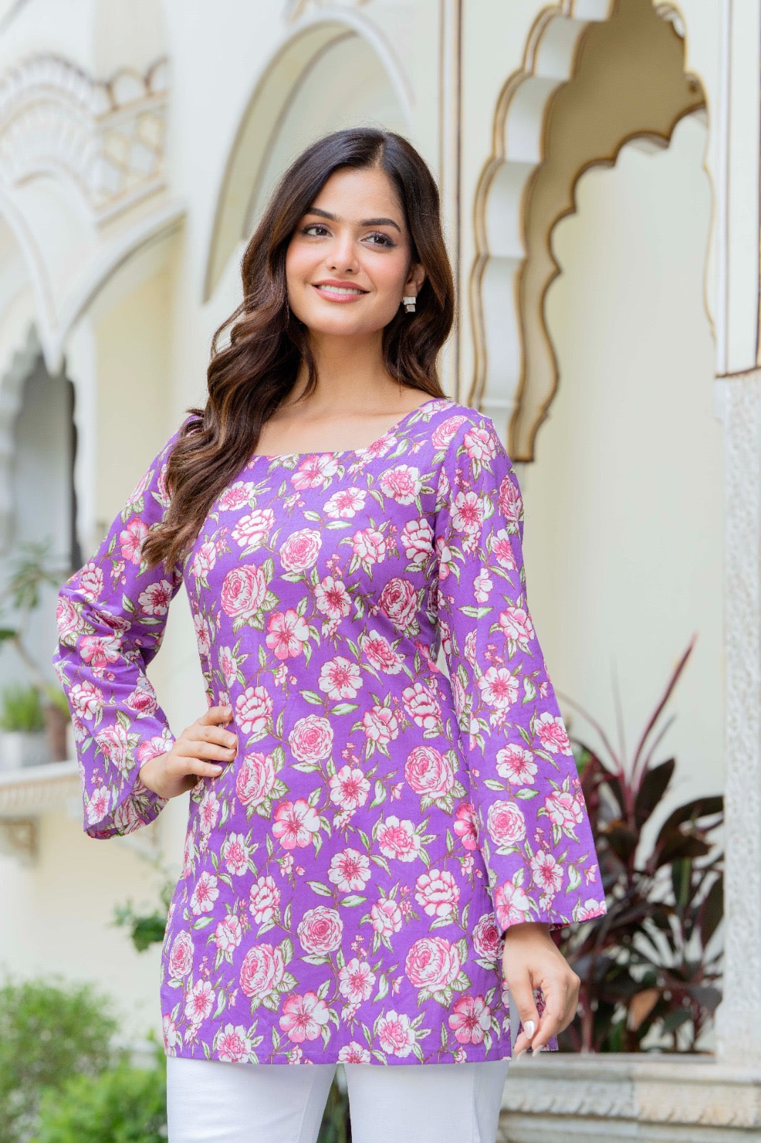Lavender Floral Printed Cotton Square Neck Kurti