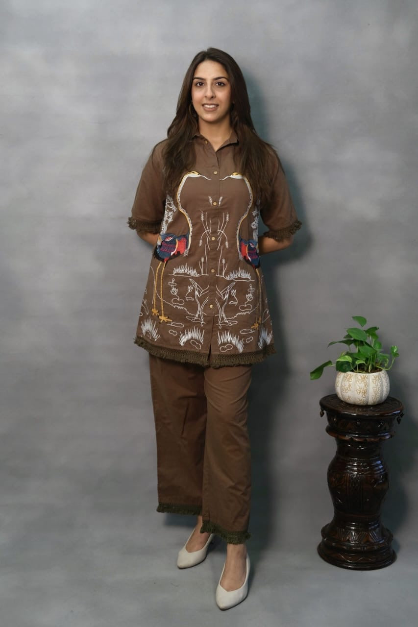 Black & Earthy Illustrated Bird Print Co-ord Set