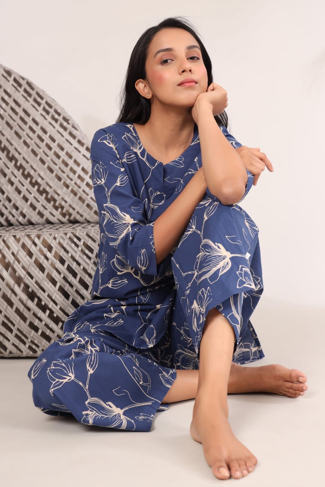 Serene Blossom Co-ord Set - Blue Patterned Loungewear