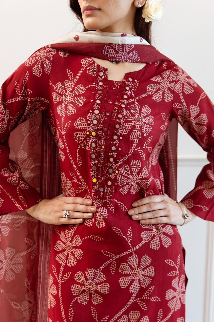 "Dotted Bloom" Cotton Suit Set with Mirror Work