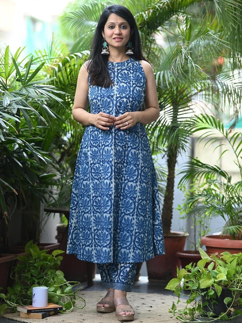 Indigo Blue Sleeveless Block Print Kurta Set