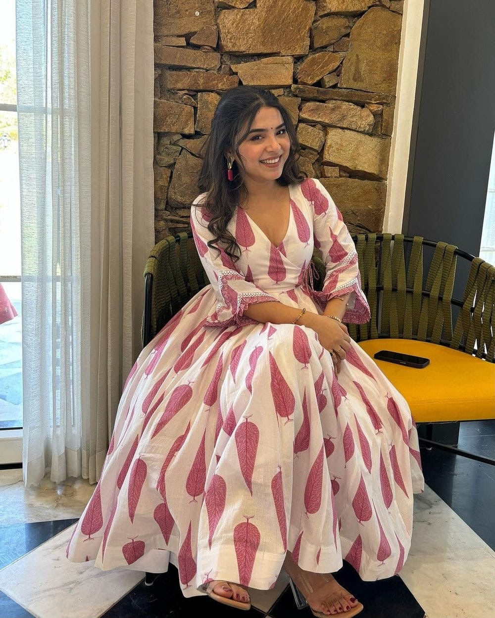 White & Pink Leaf Print Maxi Dress with Bell Sleeves