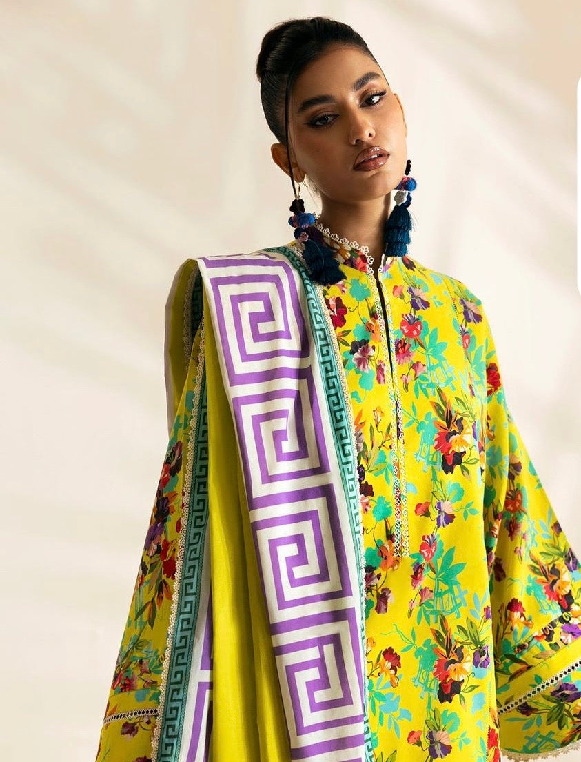 Vibrant Yellow Floral Print Kurta Set with Geometric Dupatta
