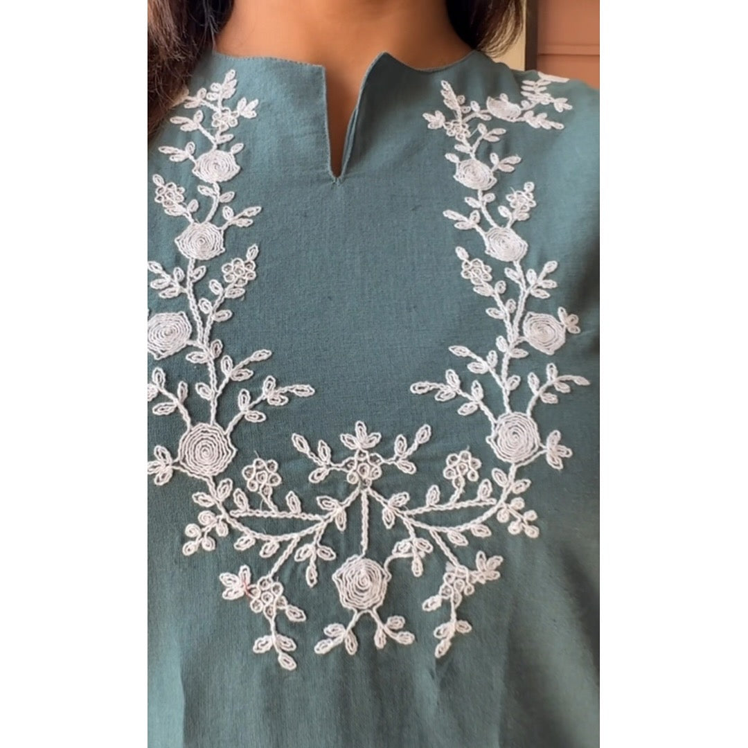 Dusty Blue Printed Kurta Set with Pleated Yoke