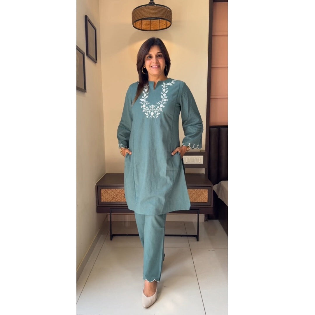 Dusty Blue Printed Kurta Set with Pleated Yoke