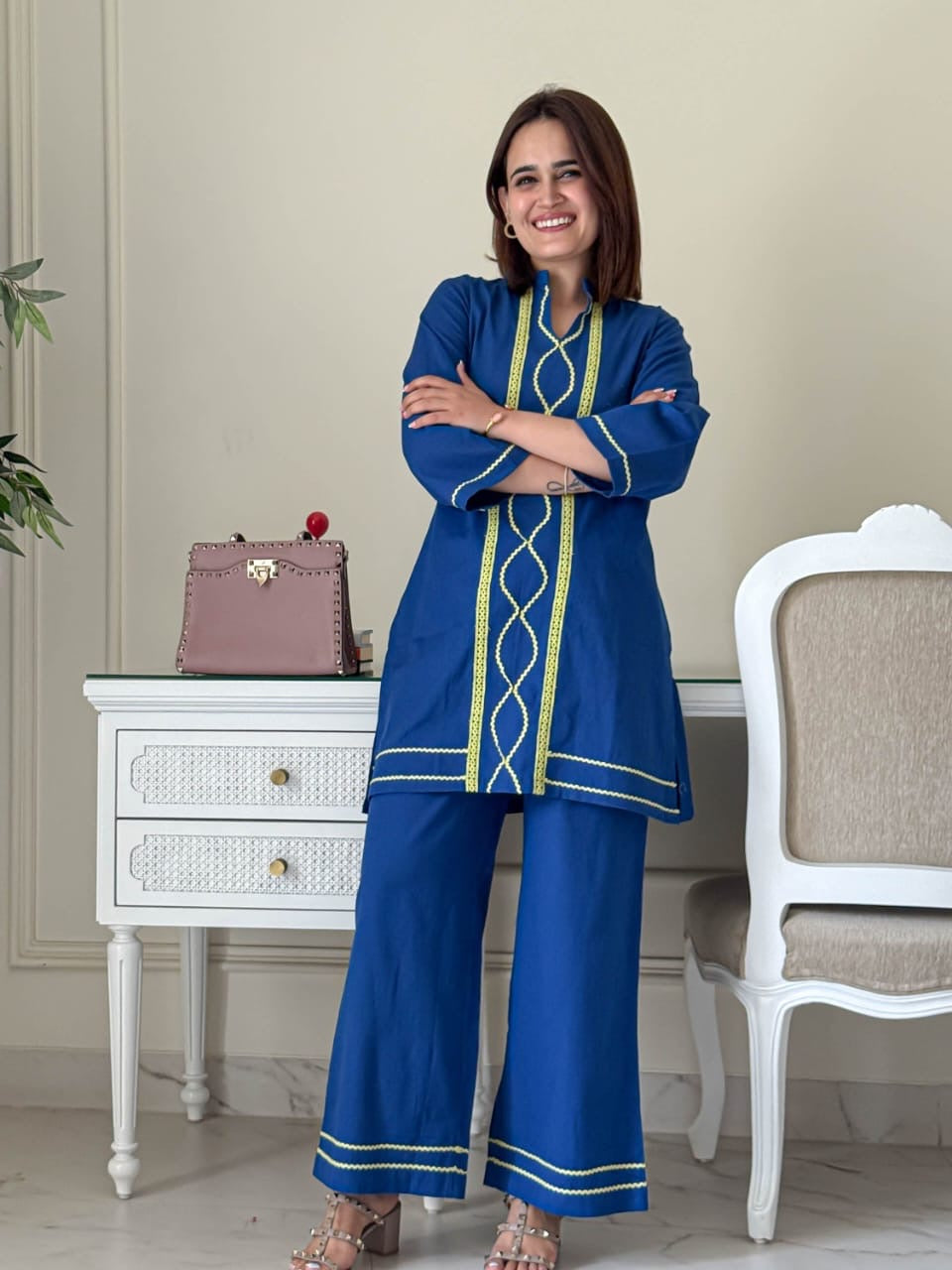 Royal Blue & Chartreuse Embroidered Co-ord Set