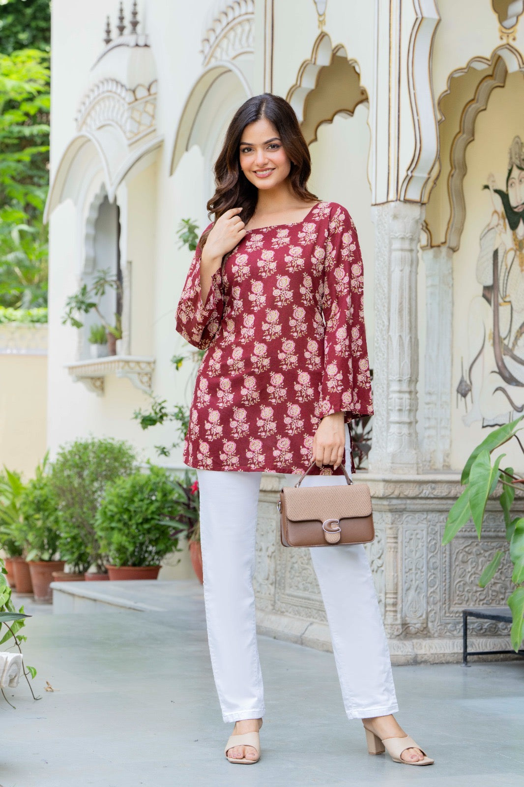 Maroon Floral Printed Cotton Square Neck Kurti