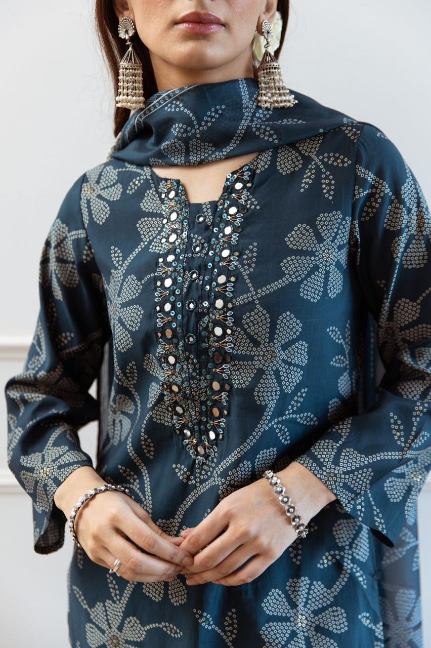 "Dotted Bloom" Cotton Suit Set with Mirror Work