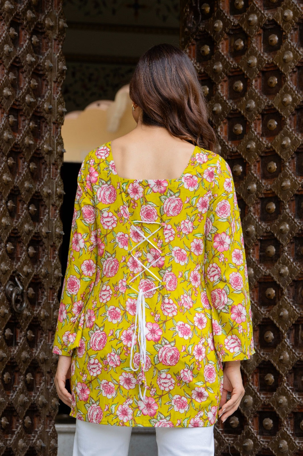 Lime Green Floral Printed Cotton Square Neck Kurti