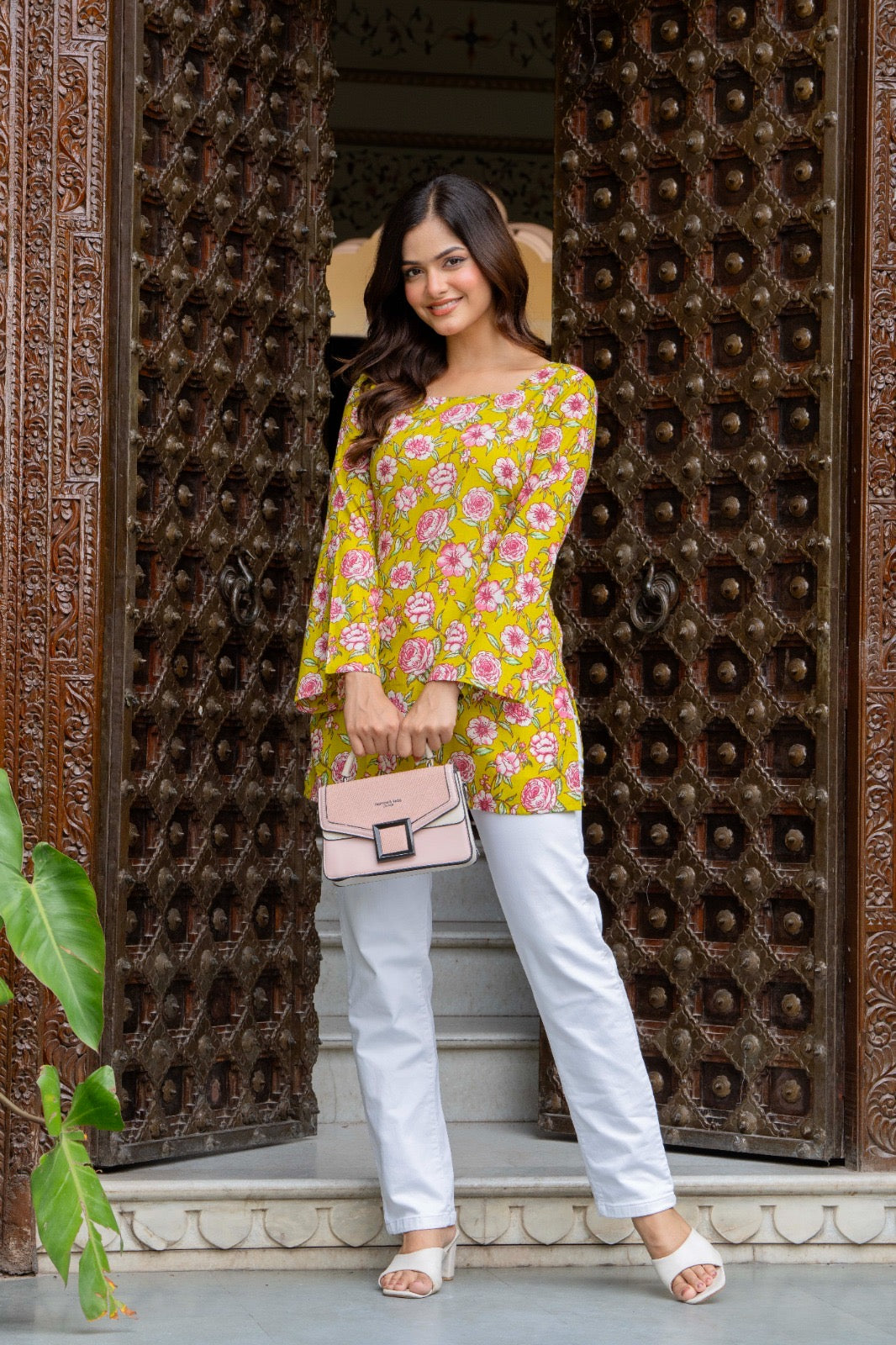 Lime Green Floral Printed Cotton Square Neck Kurti