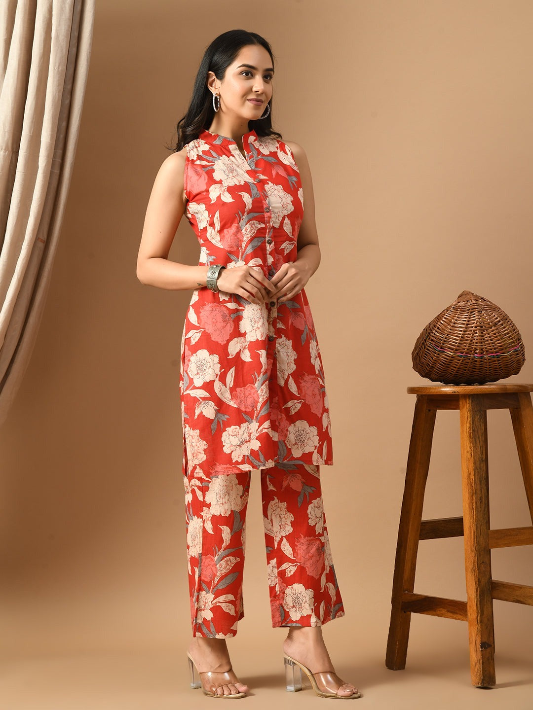 Vibrant Red Floral Co-ord Set with Mandarin Collar
