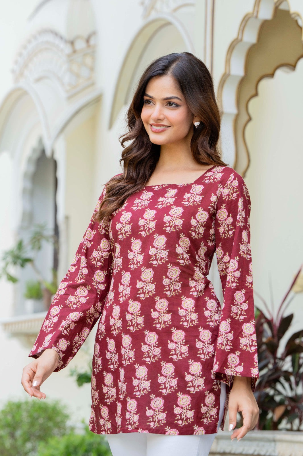 Maroon Floral Printed Cotton Square Neck Kurti