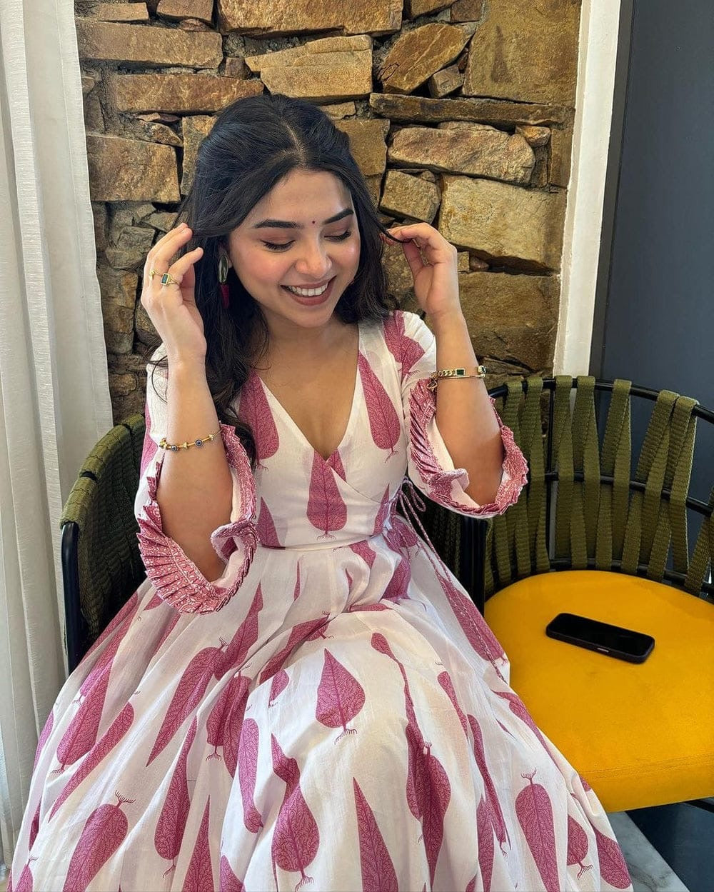 White & Pink Leaf Print Maxi Dress with Bell Sleeves