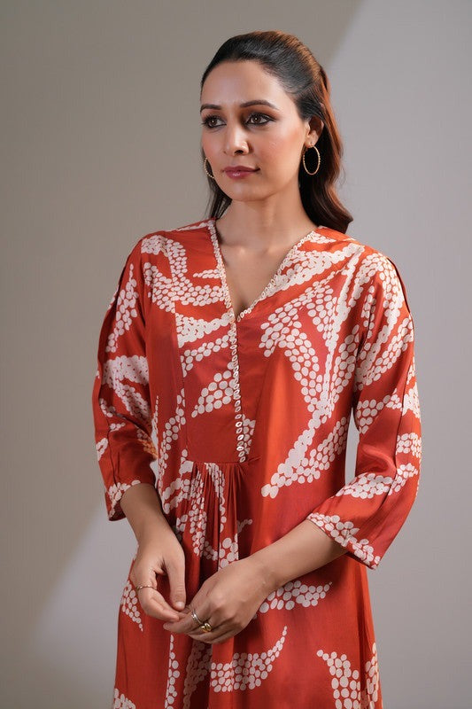Brown Rust V-Neck Floral Printed Dress