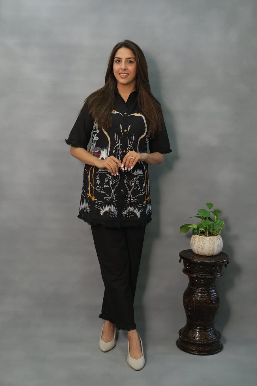 Black & Earthy Illustrated Bird Print Co-ord Set