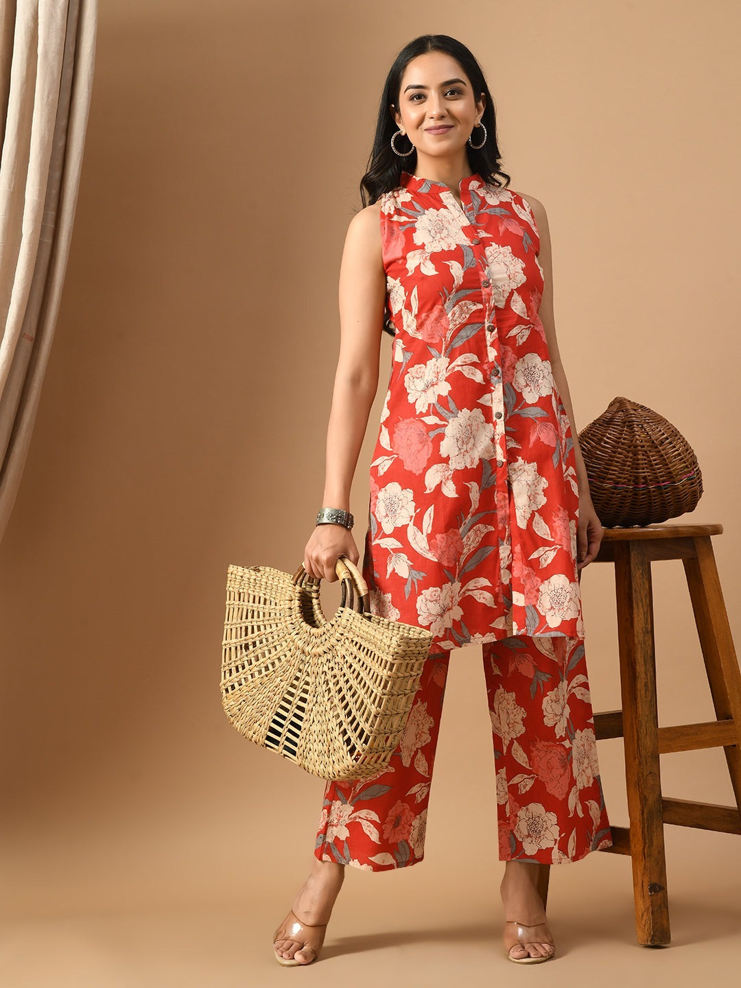 Vibrant Red Floral Co-ord Set with Mandarin Collar