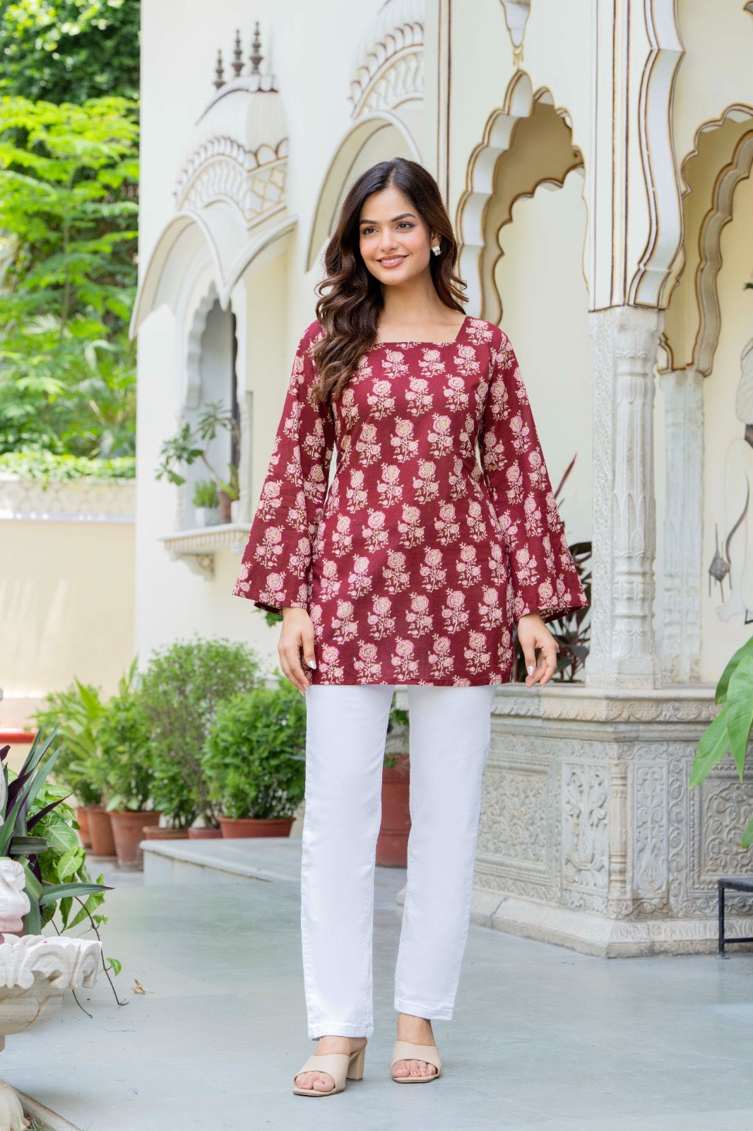 Maroon Floral Printed Cotton Square Neck Kurti