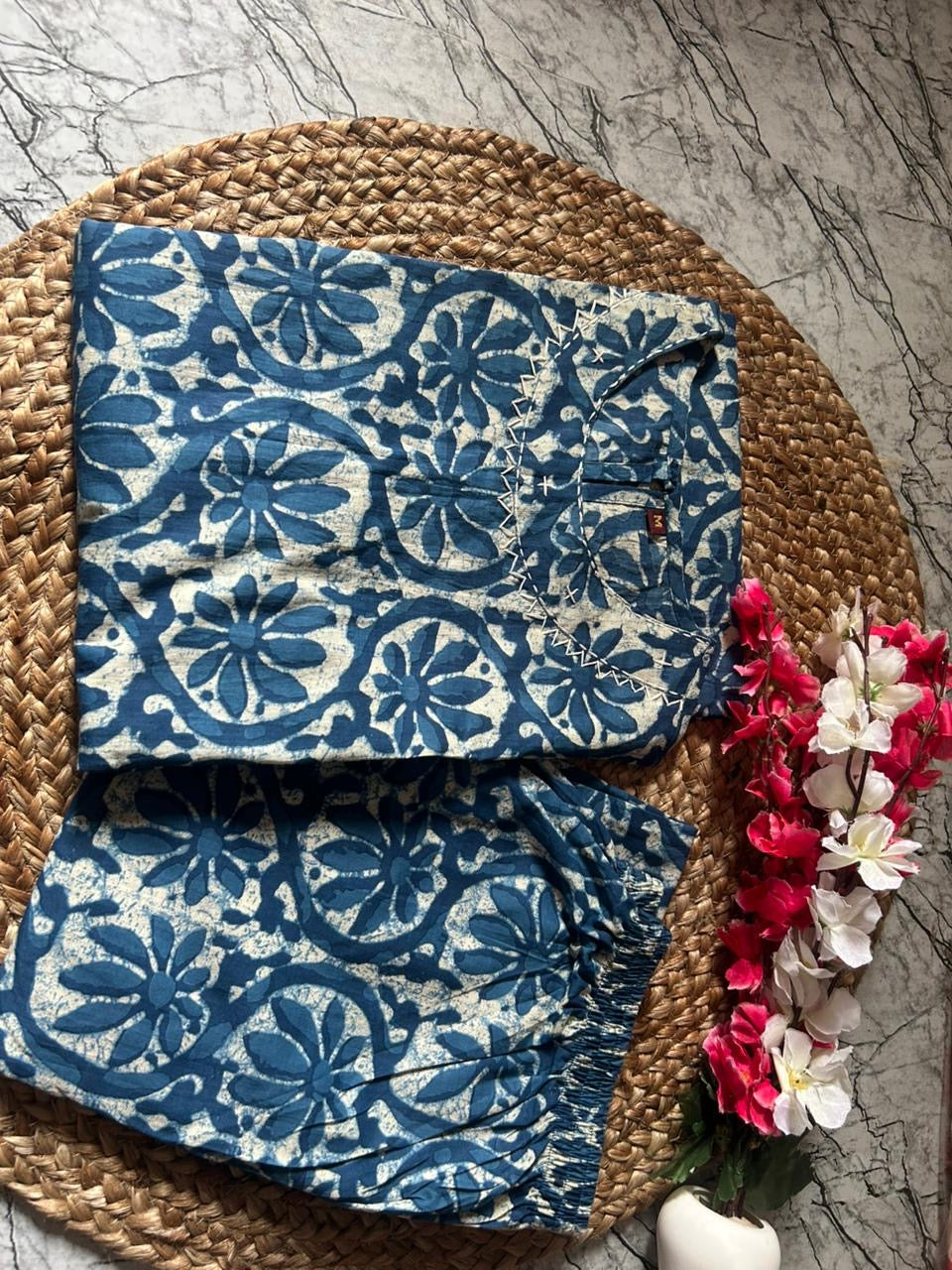 Indigo Blue Sleeveless Block Print Kurta Set
