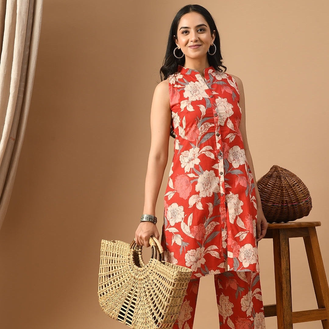 Vibrant Red Floral Co-ord Set with Mandarin Collar