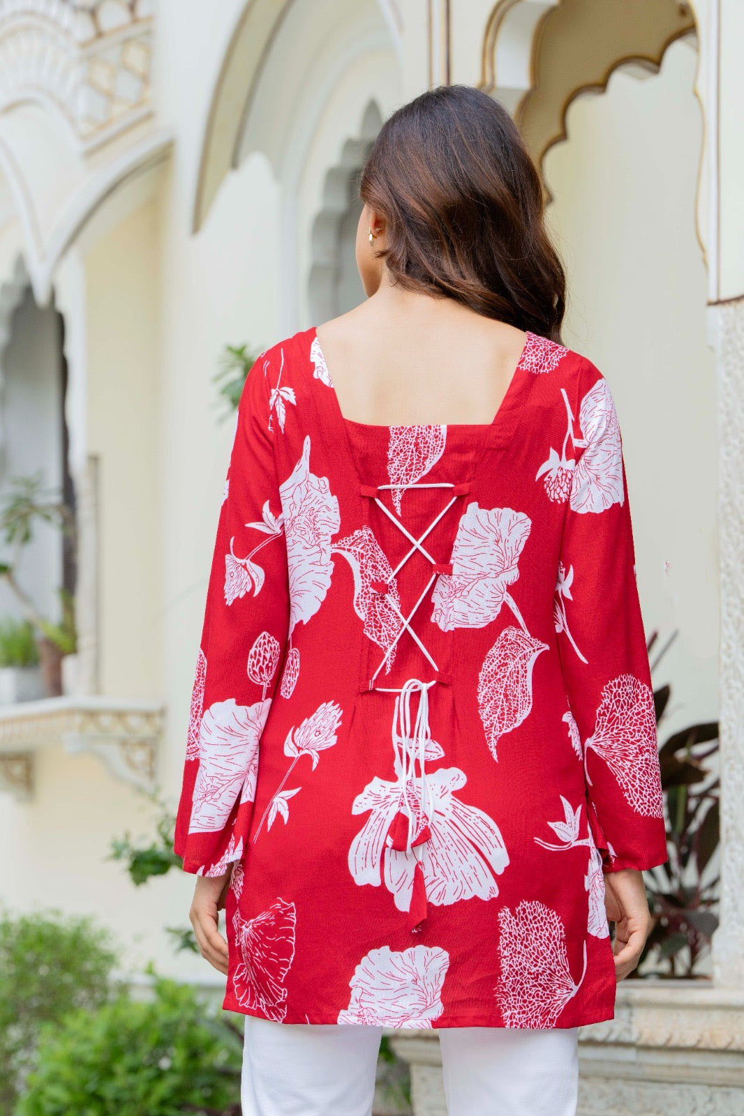 Fiery Red Botanical Print Cotton Square Neck Kurti