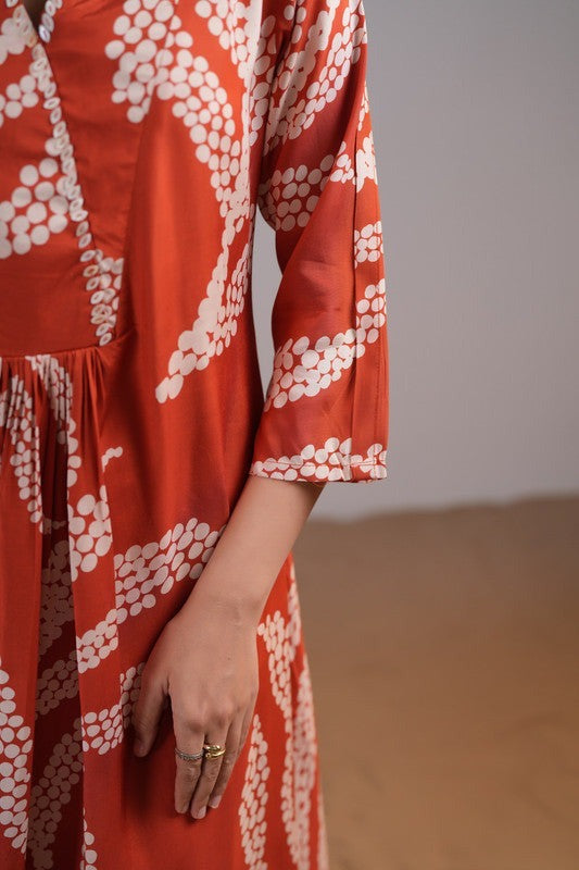 Brown Rust V-Neck Floral Printed Dress