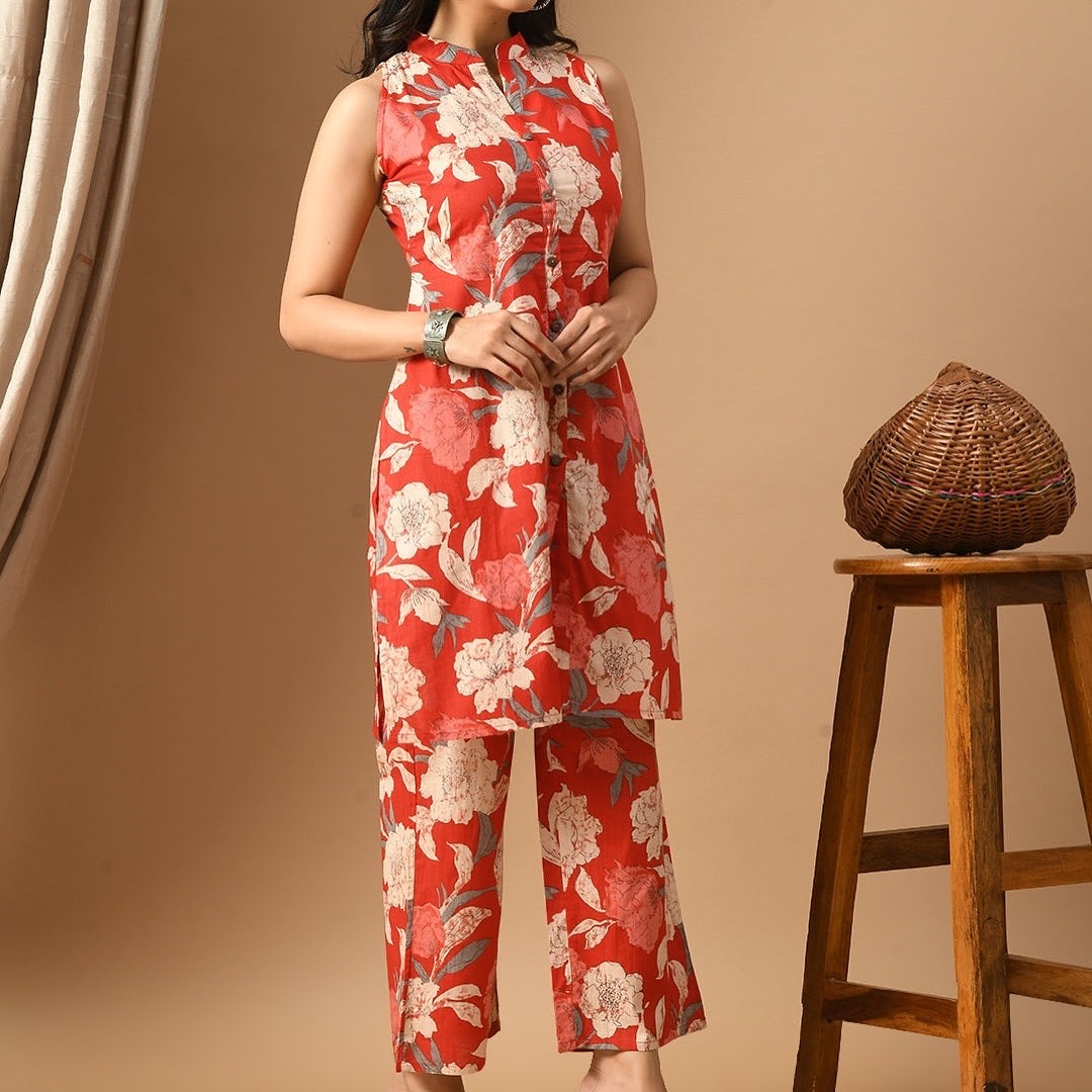 Vibrant Red Floral Co-ord Set with Mandarin Collar