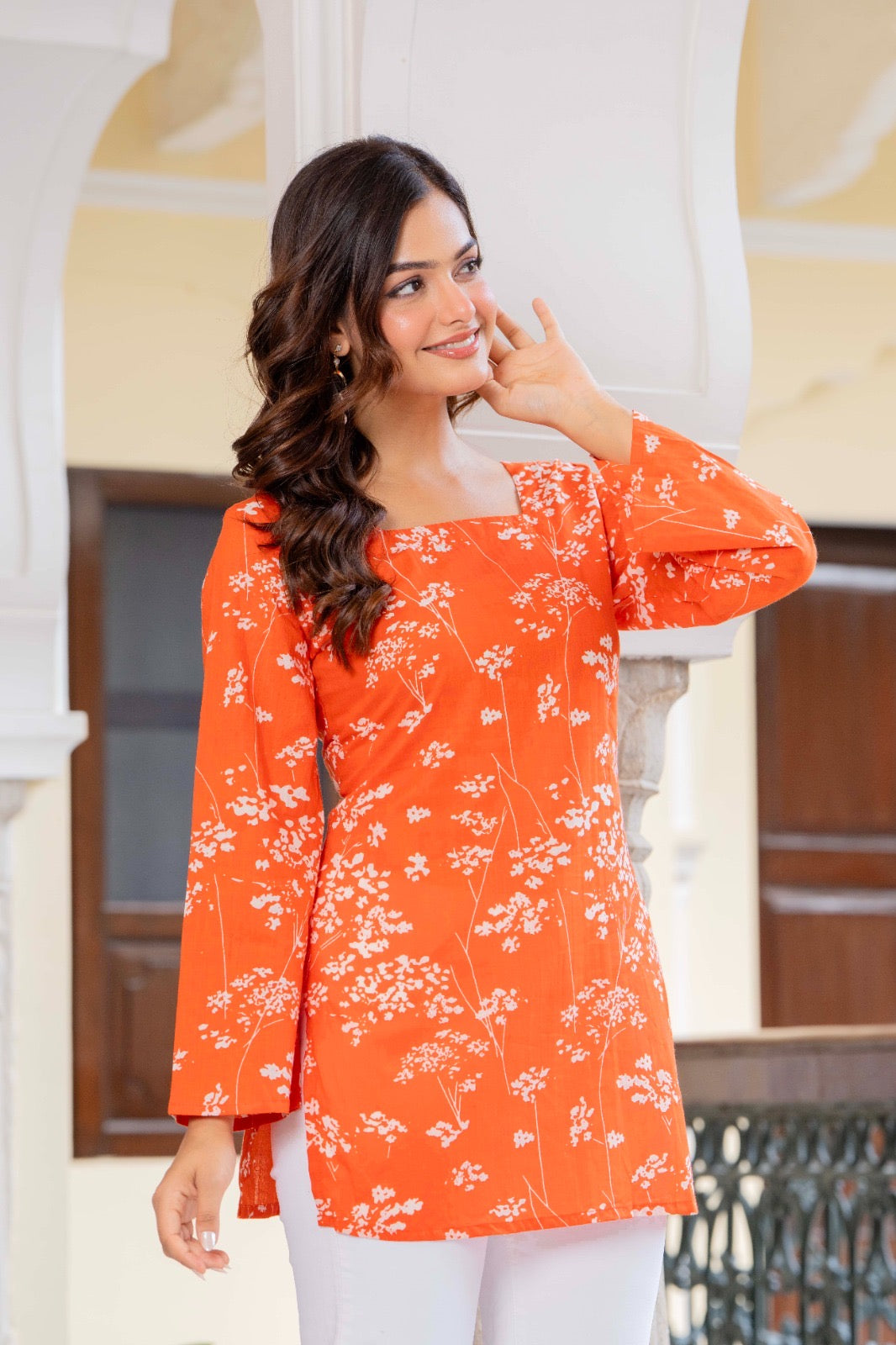 Zesty Orange Floral Sprig Cotton Square Neck Kurti