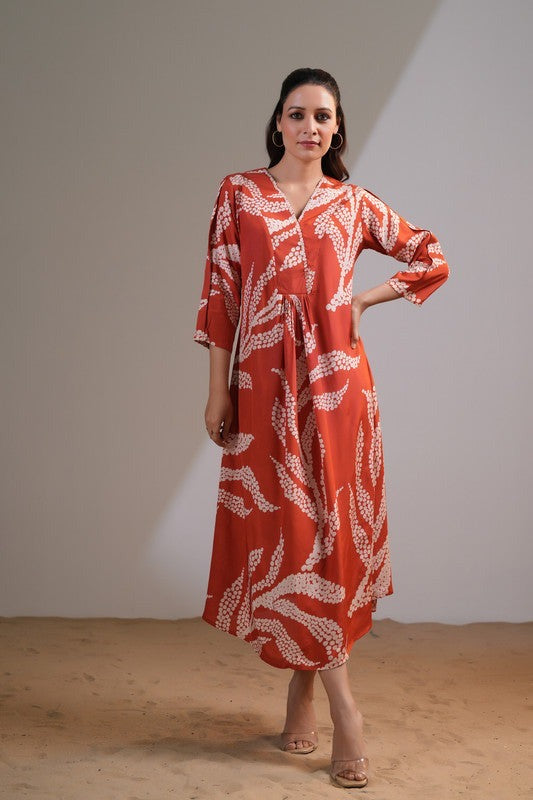 Brown Rust V-Neck Floral Printed Dress
