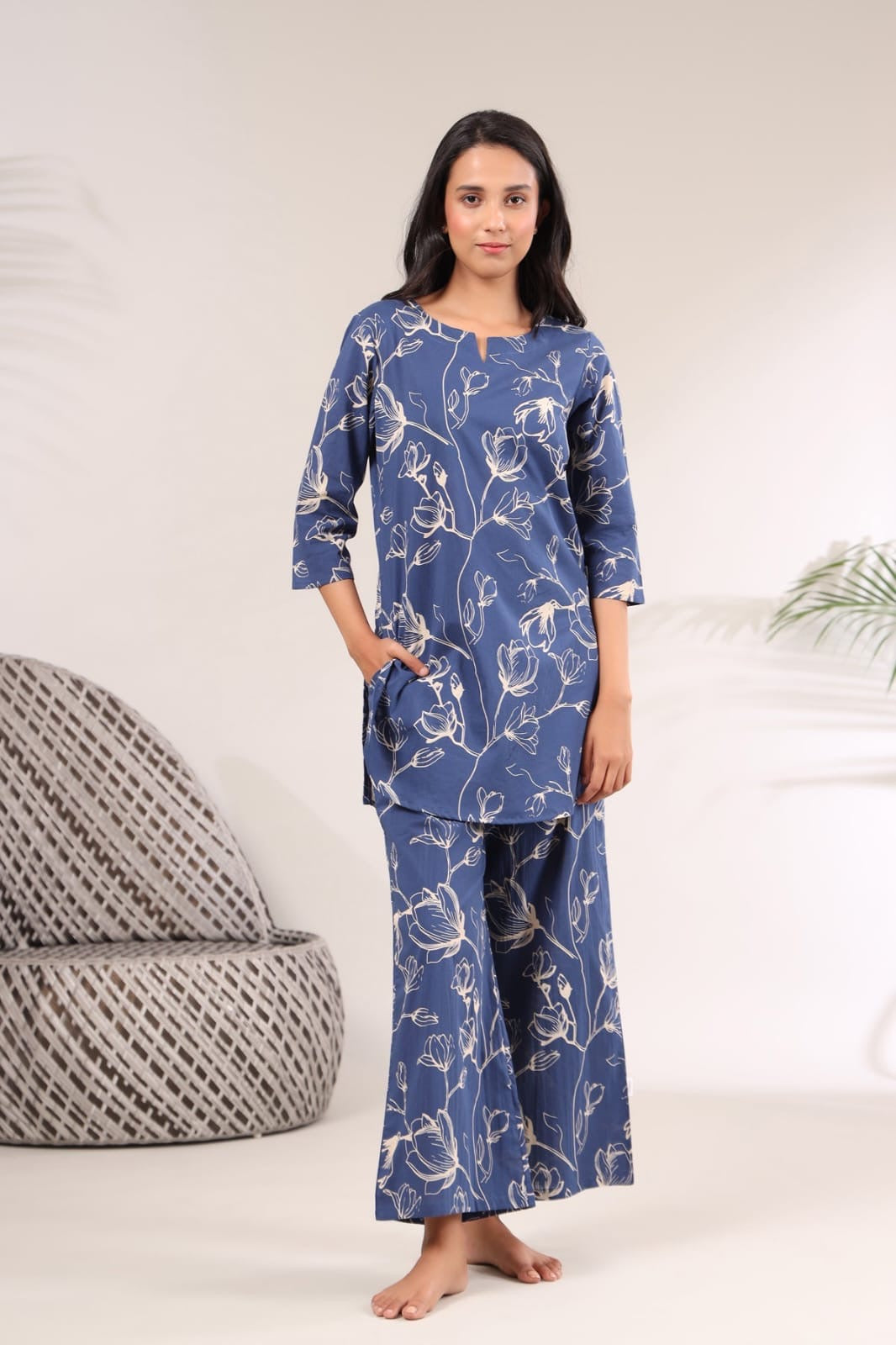 Serene Blossom Co-ord Set - Blue Patterned Loungewear