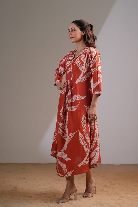 Brown Rust V-Neck Floral Printed Dress