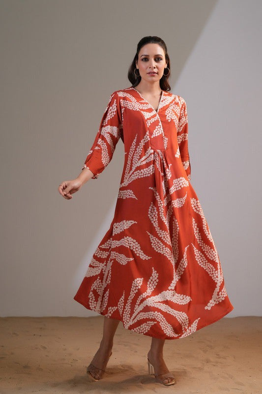 Brown Rust V-Neck Floral Printed Dress
