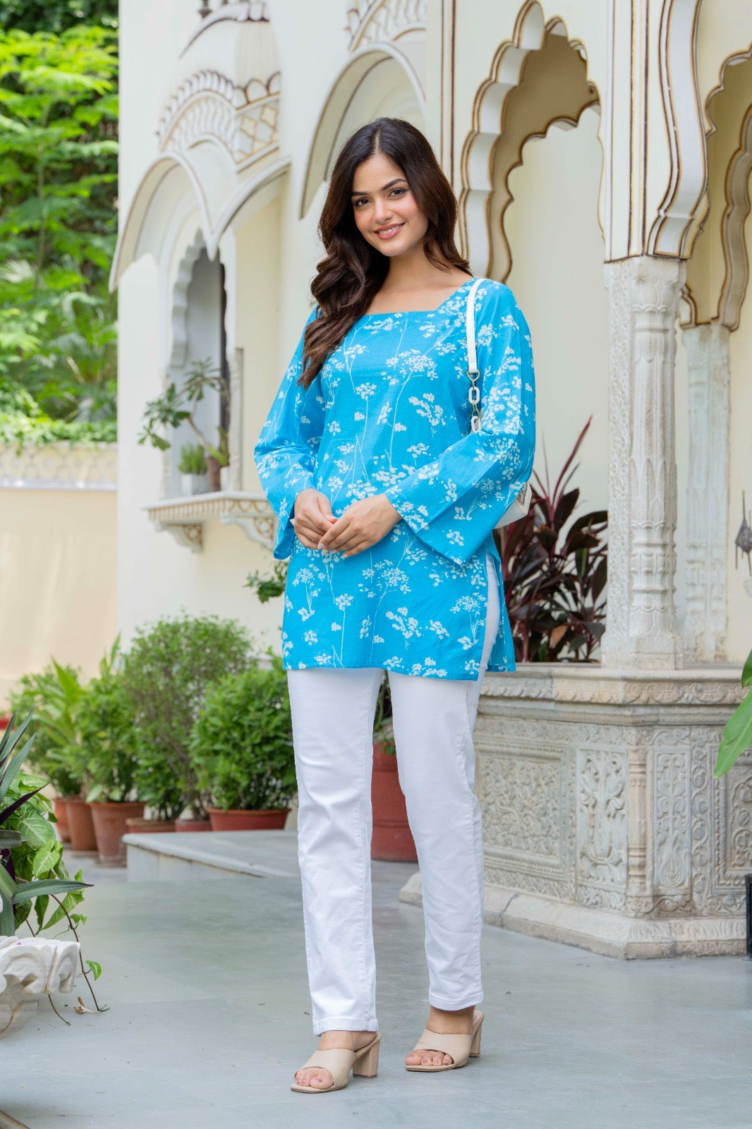 Sky Blue Floral Sprig Cotton Square Neck Kurti