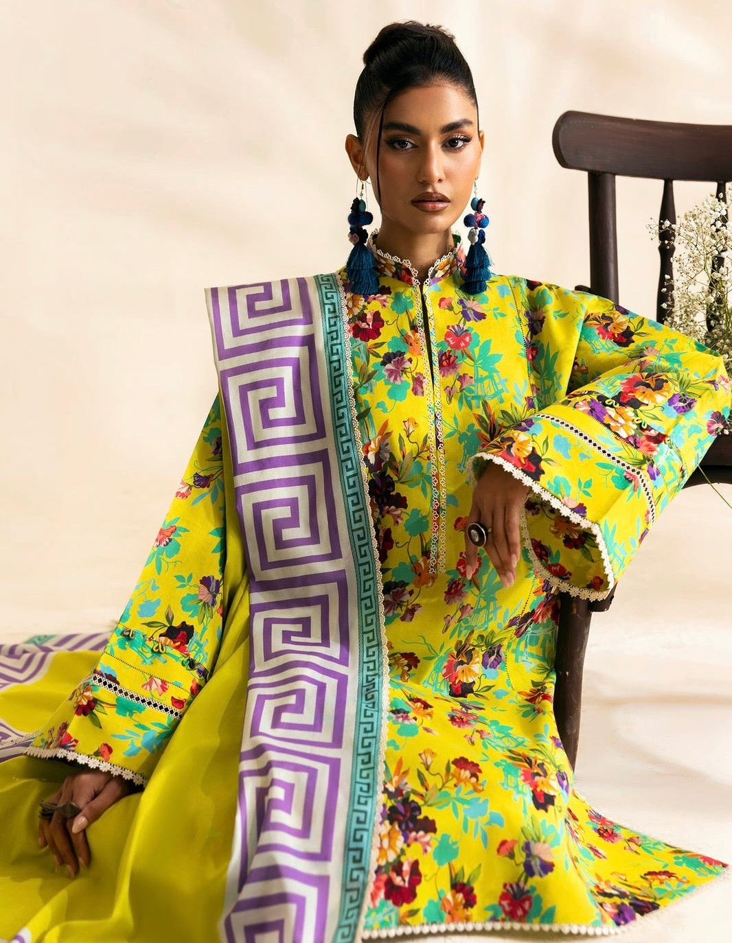 Vibrant Yellow Floral Print Kurta Set with Geometric Dupatta