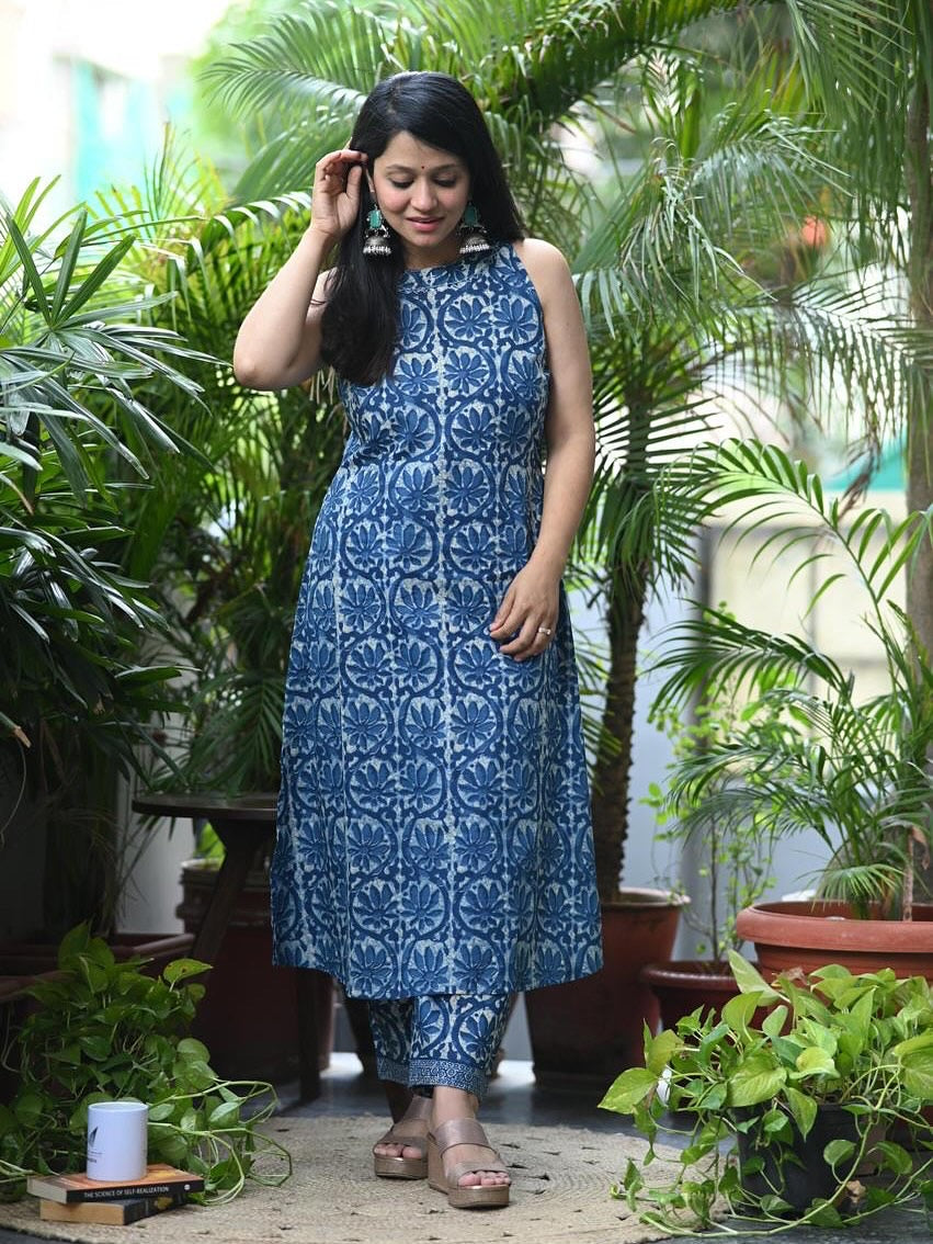 Indigo Blue Sleeveless Block Print Kurta Set