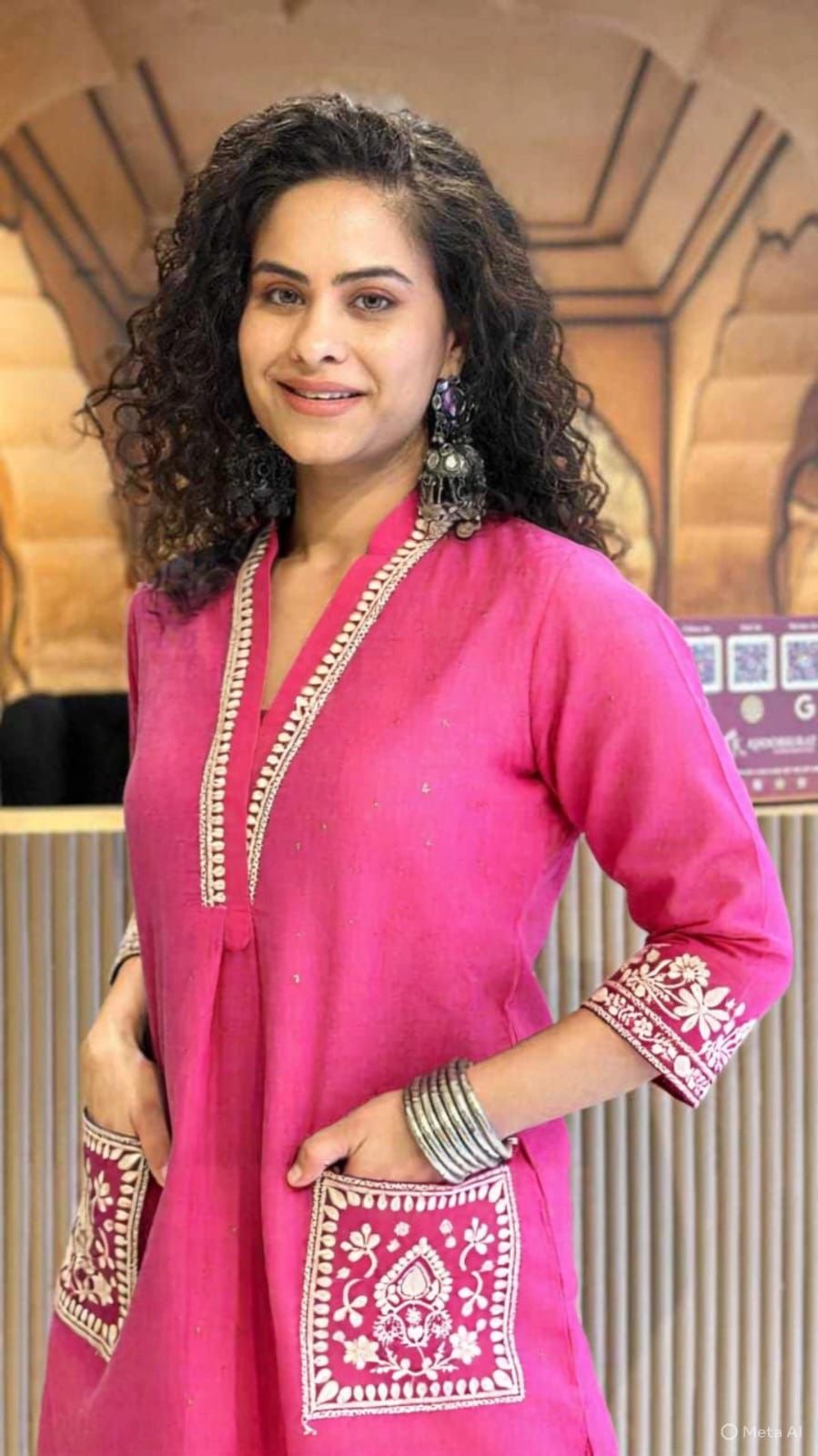 Fuchsia Pink and black Embroidered Kurta & Pant Set