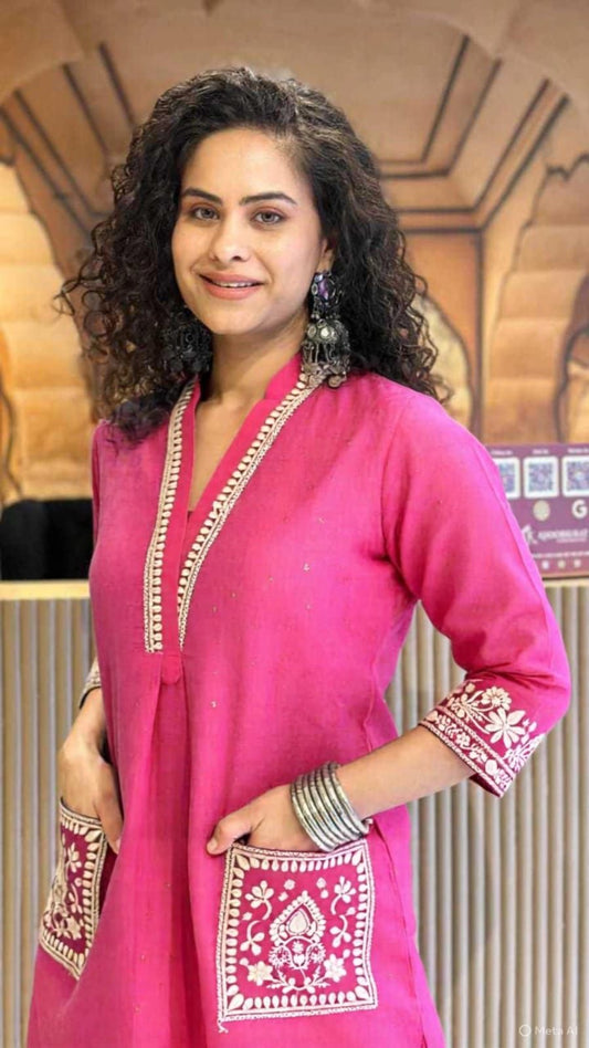 Fuchsia Pink and black Embroidered Kurta & Pant Set