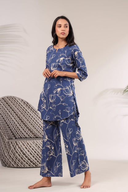 Serene Blossom Co-ord Set - Blue Patterned Loungewear