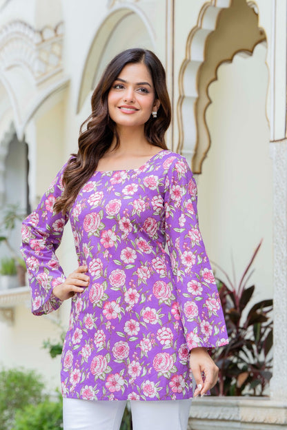 Lavender Floral Printed Cotton Square Neck Kurti