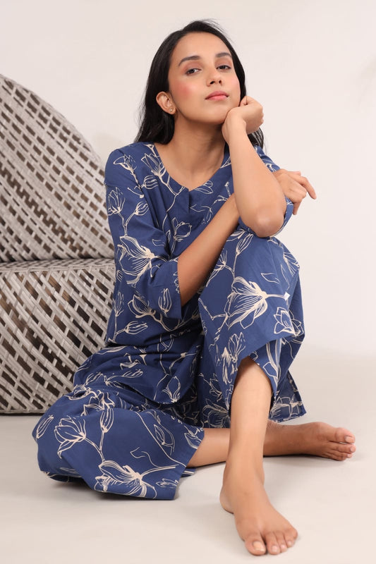 Serene Blossom Co-ord Set - Blue Patterned Loungewear