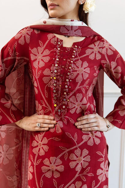 "Dotted Bloom" Cotton Suit Set with Mirror Work