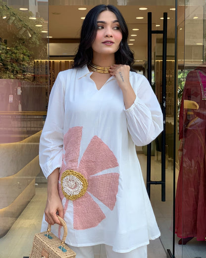 White Contemporary Tunic Set with 3D Blossom Appliqué