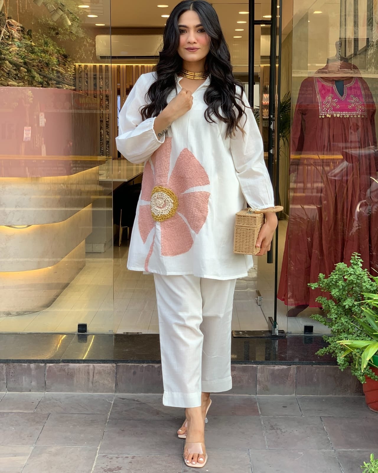 White Contemporary Tunic Set with 3D Blossom Appliqué