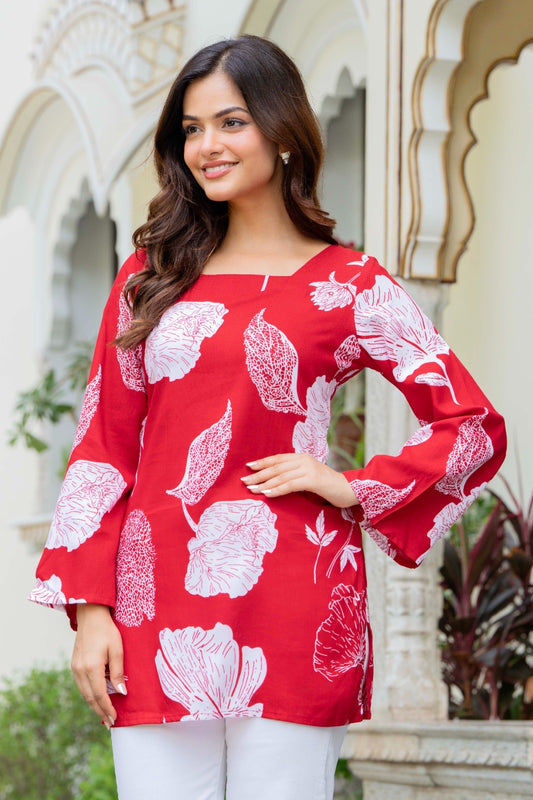 Fiery Red Botanical Print Cotton Square Neck Kurti