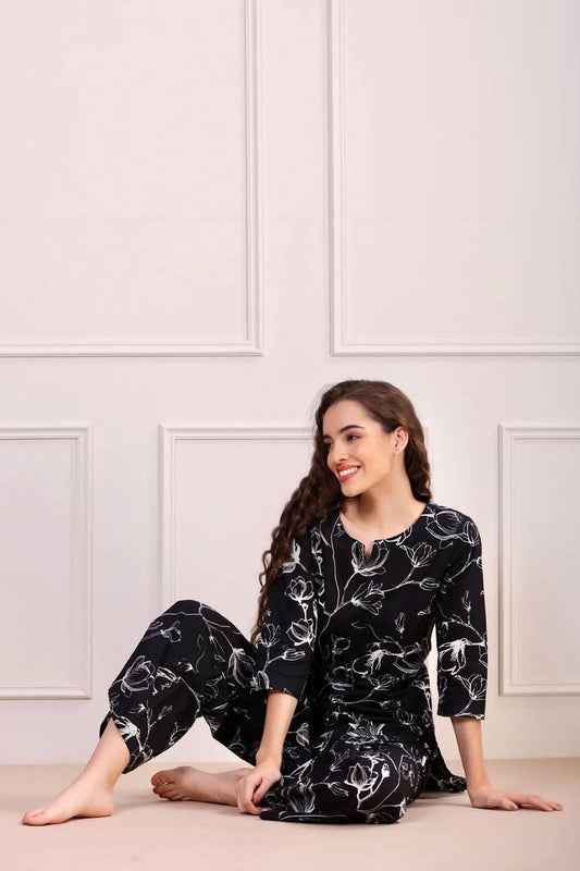 Serene Blossom Co-ord Set - Black Patterned Loungewear