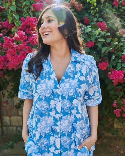 Blue Printed Cotton Loungewear co-ord Set