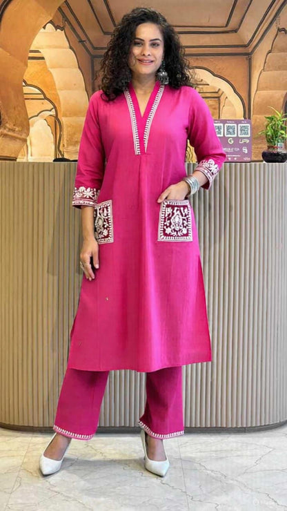 Fuchsia Pink and black Embroidered Kurta & Pant Set