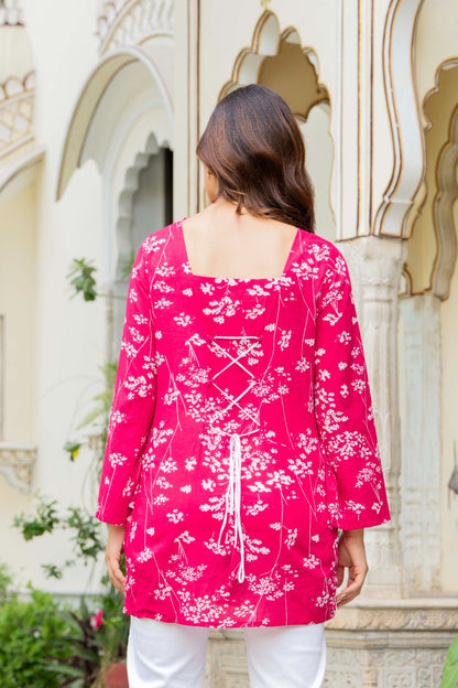 Hot Pink Floral Sprig Cotton Square Neck Kurti